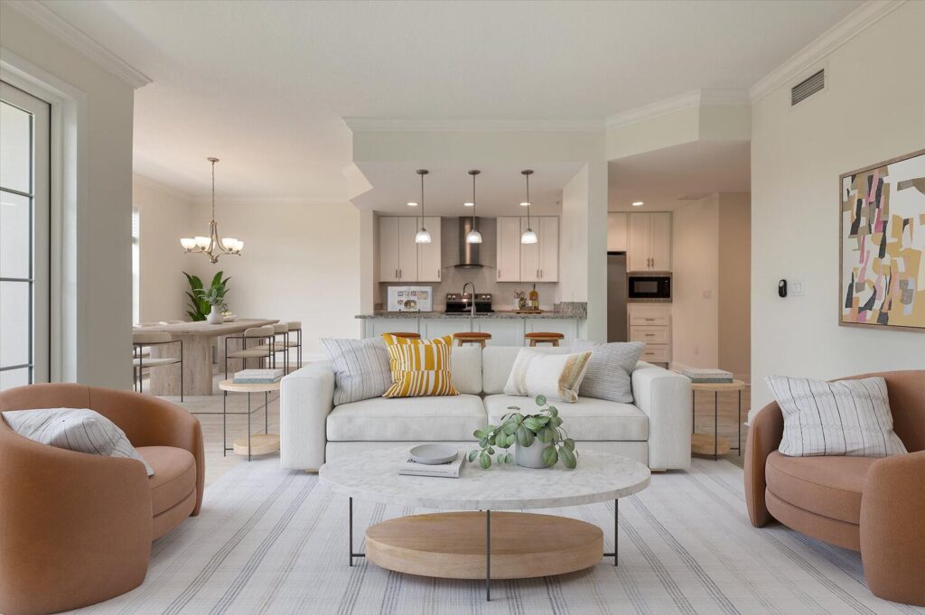 Living room with back kitchen view