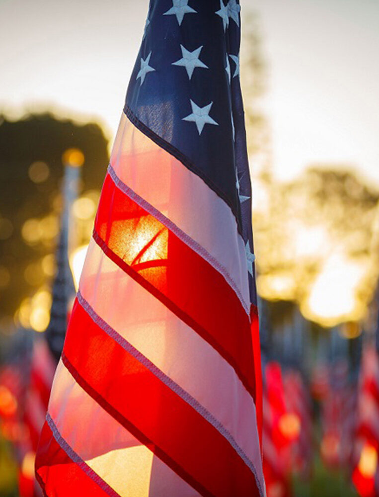 American flags in front of a sunset