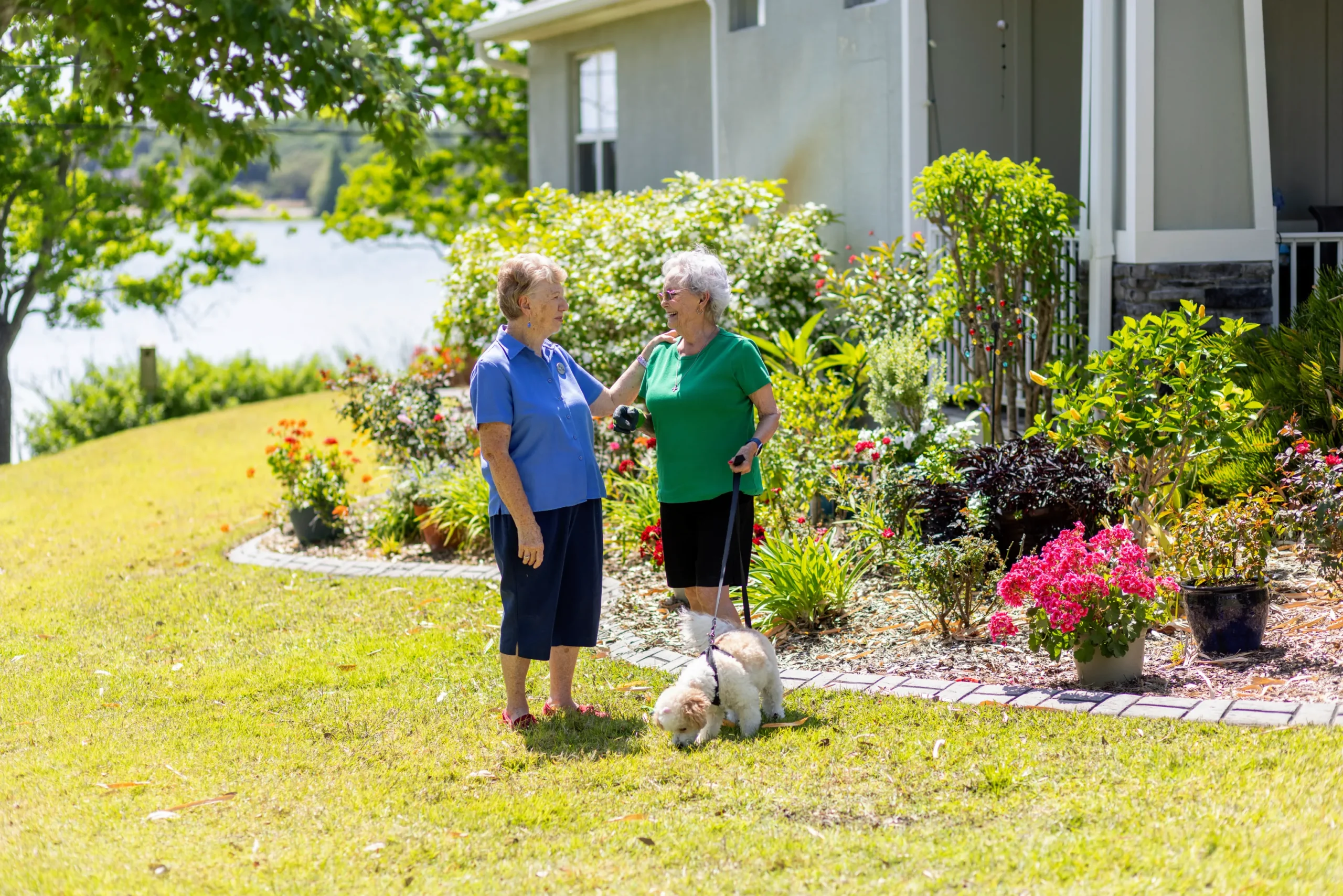 Seniors taking dog on a walk