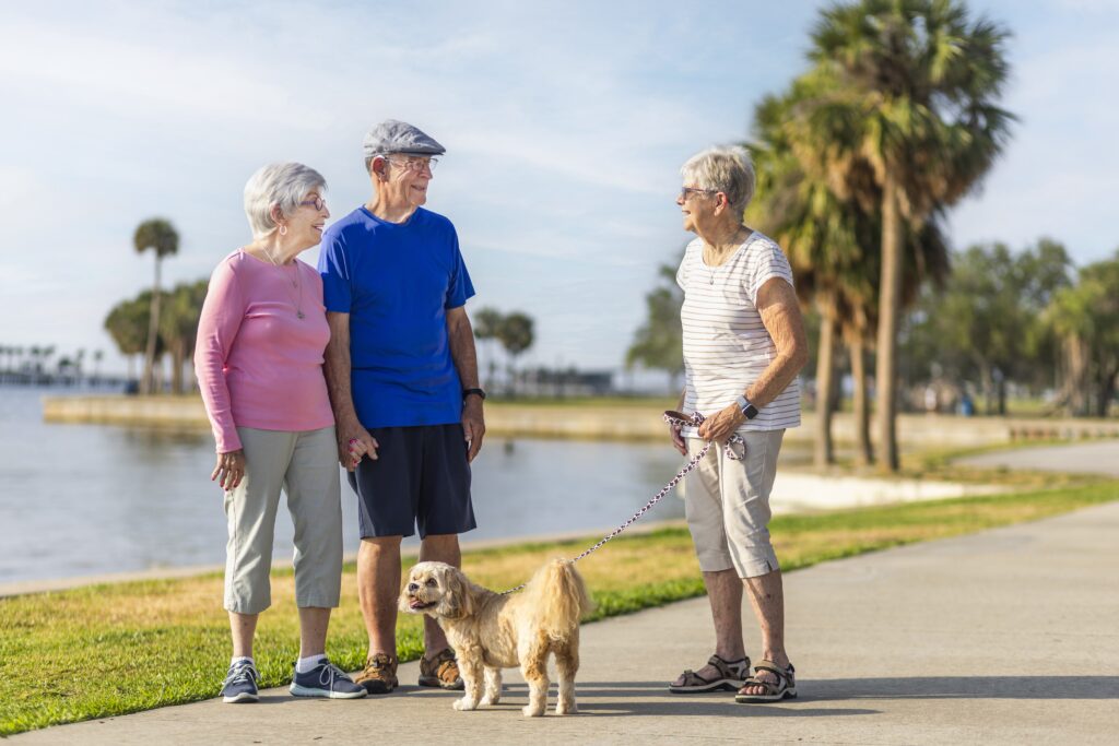 Senior walking her dog runs into her friends and they share a chat