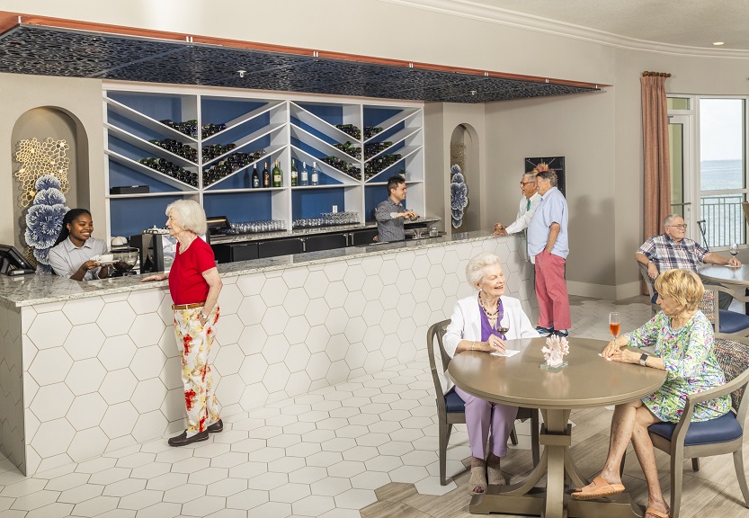 group of people talk in bar and cafe