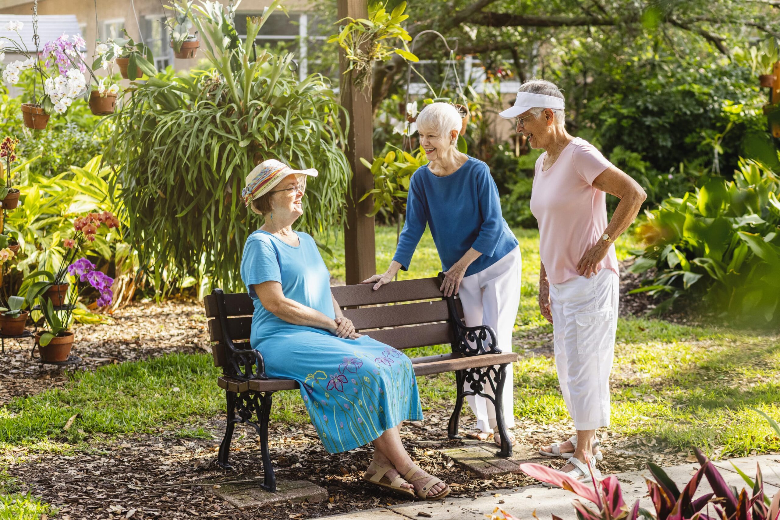 Seniors on walk run into friend watching the sunset on bench