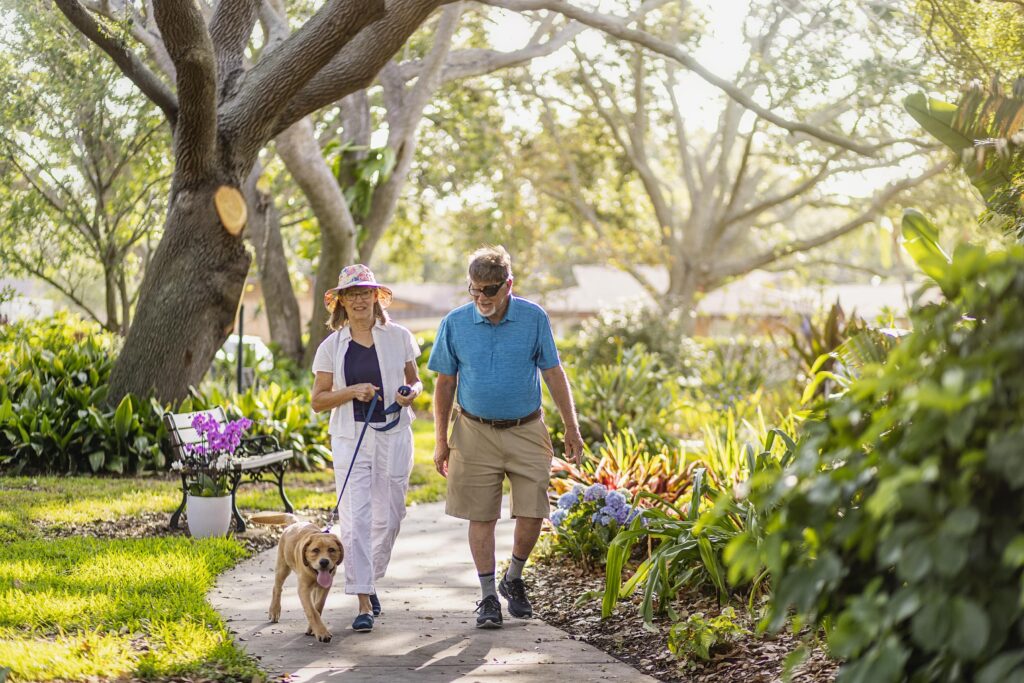 Senior couple taking dog on a walk