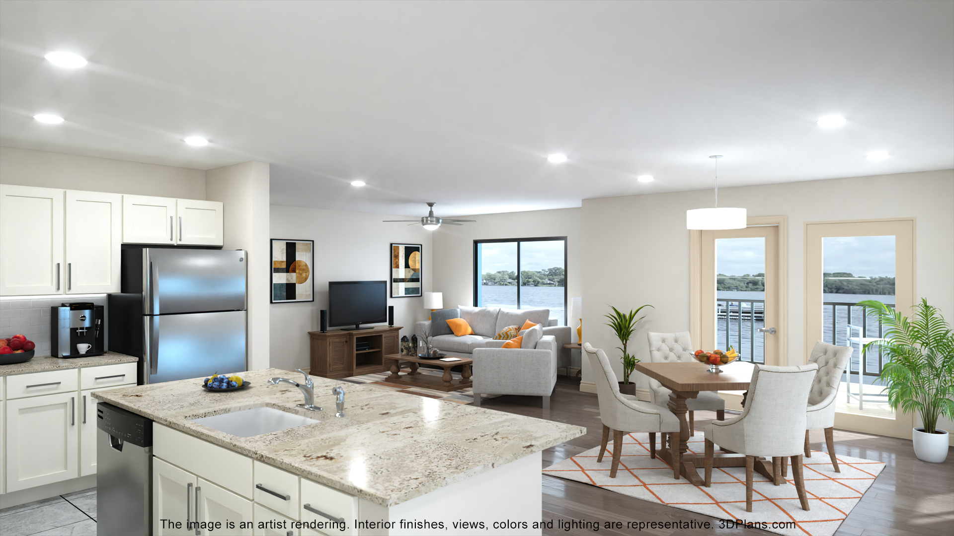 large contemporary corner apartment with open kitchen and balcony overlooking Julington Creek