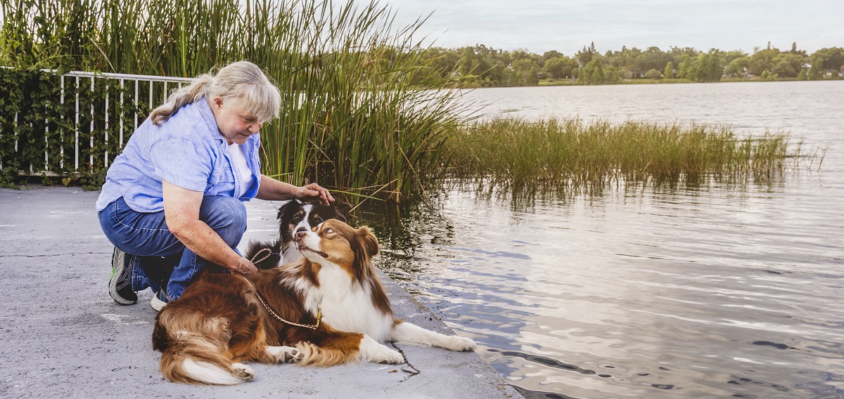 senior woman kneels with border collies by lake hunter in lakeland florida