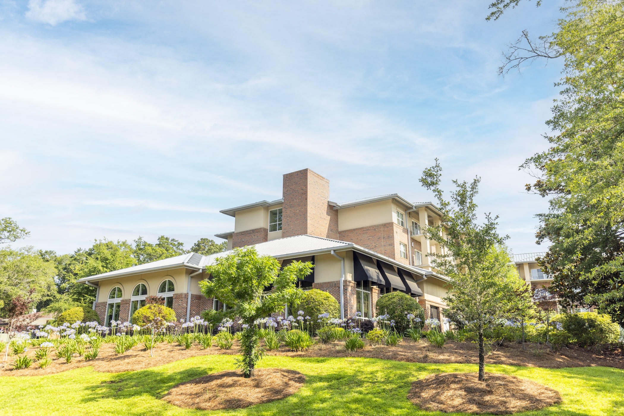 Down hill view of backside of building