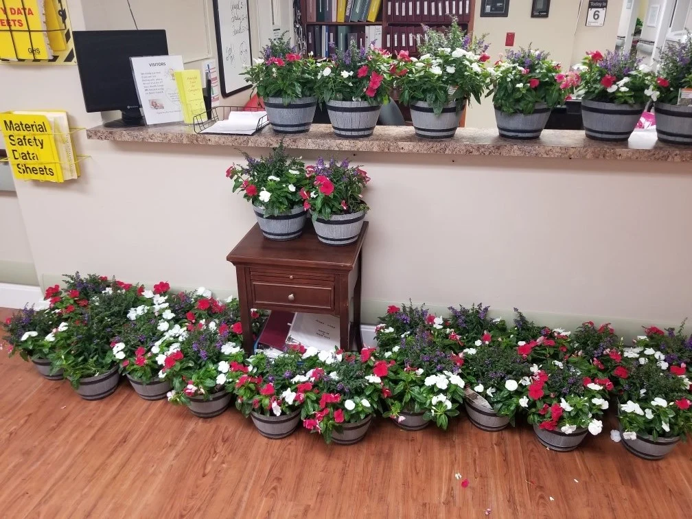 Flower pots displayed to be given out to nursing team at Westminster Palms.